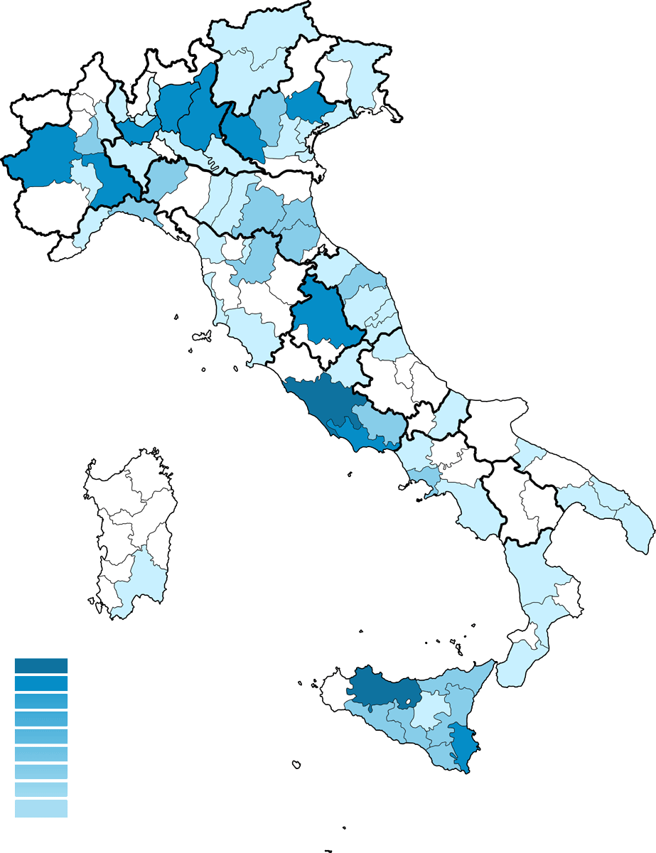Cartina dell'Italia dove sono stati installati campi da parte di Italian Padel